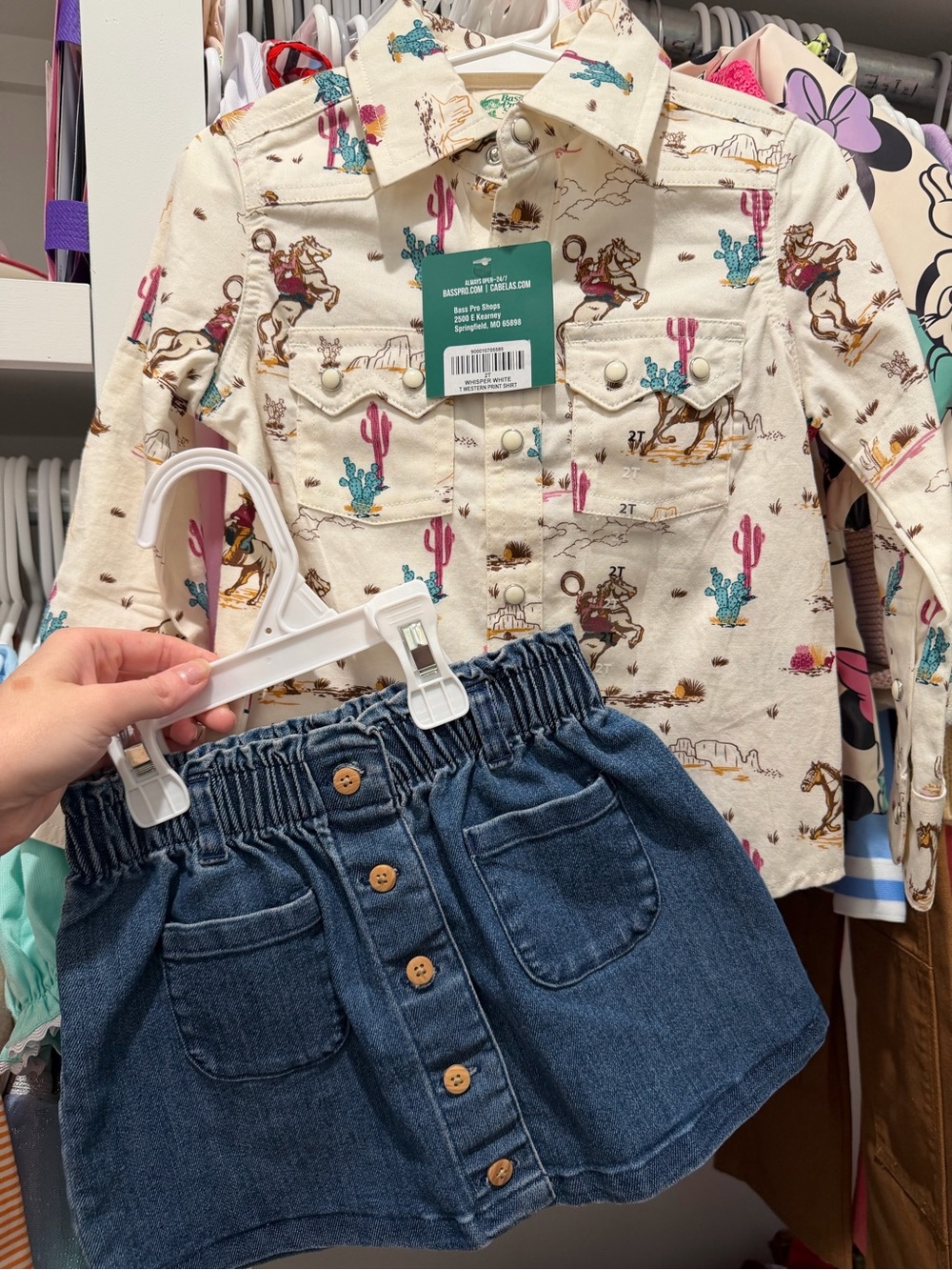 Toddler Two-Piece Western Print Shirt & Denim Skirt Set in Cream and Blue